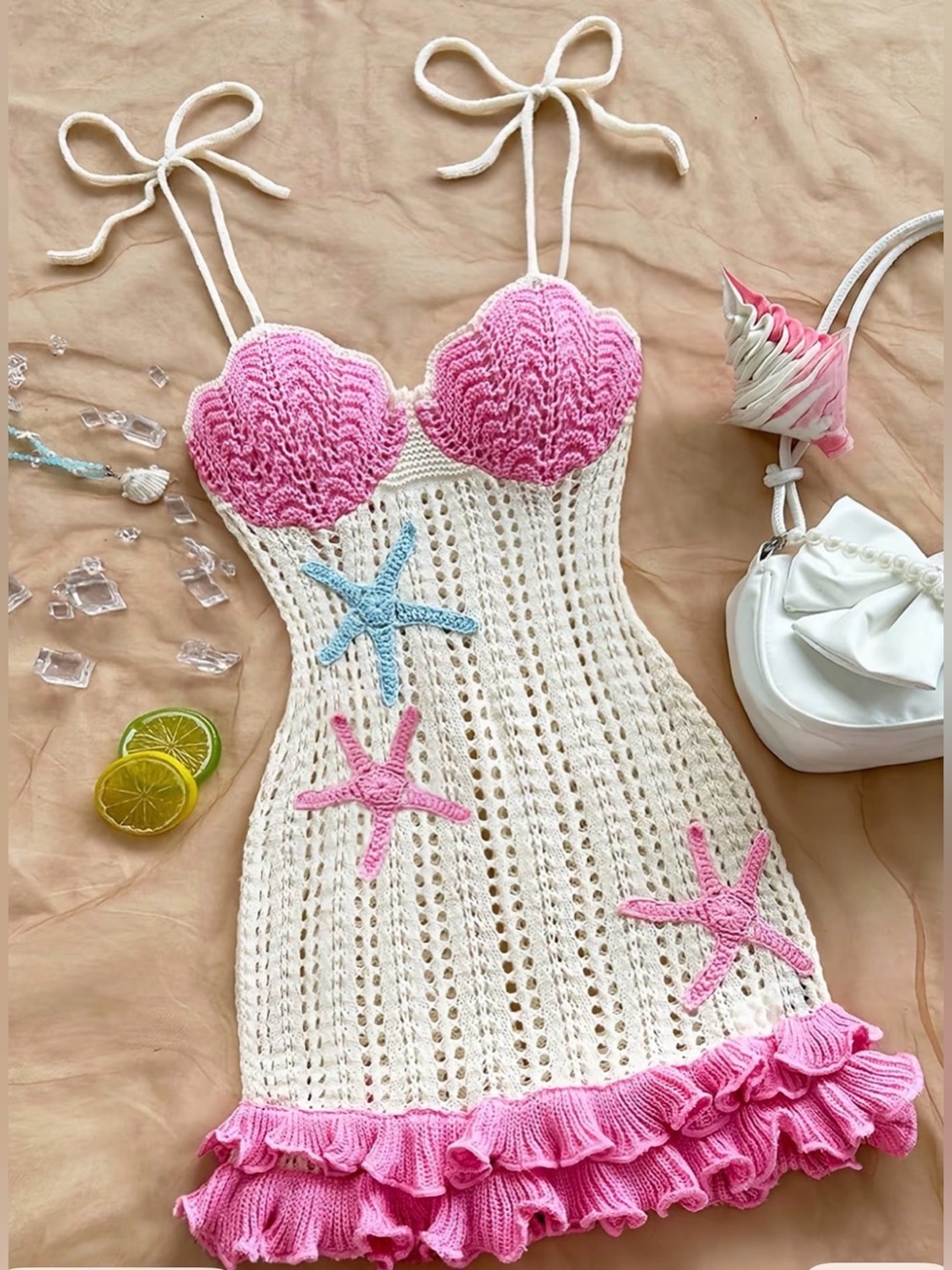 Crochet Star Fish Mini Dress - Pink & Cream